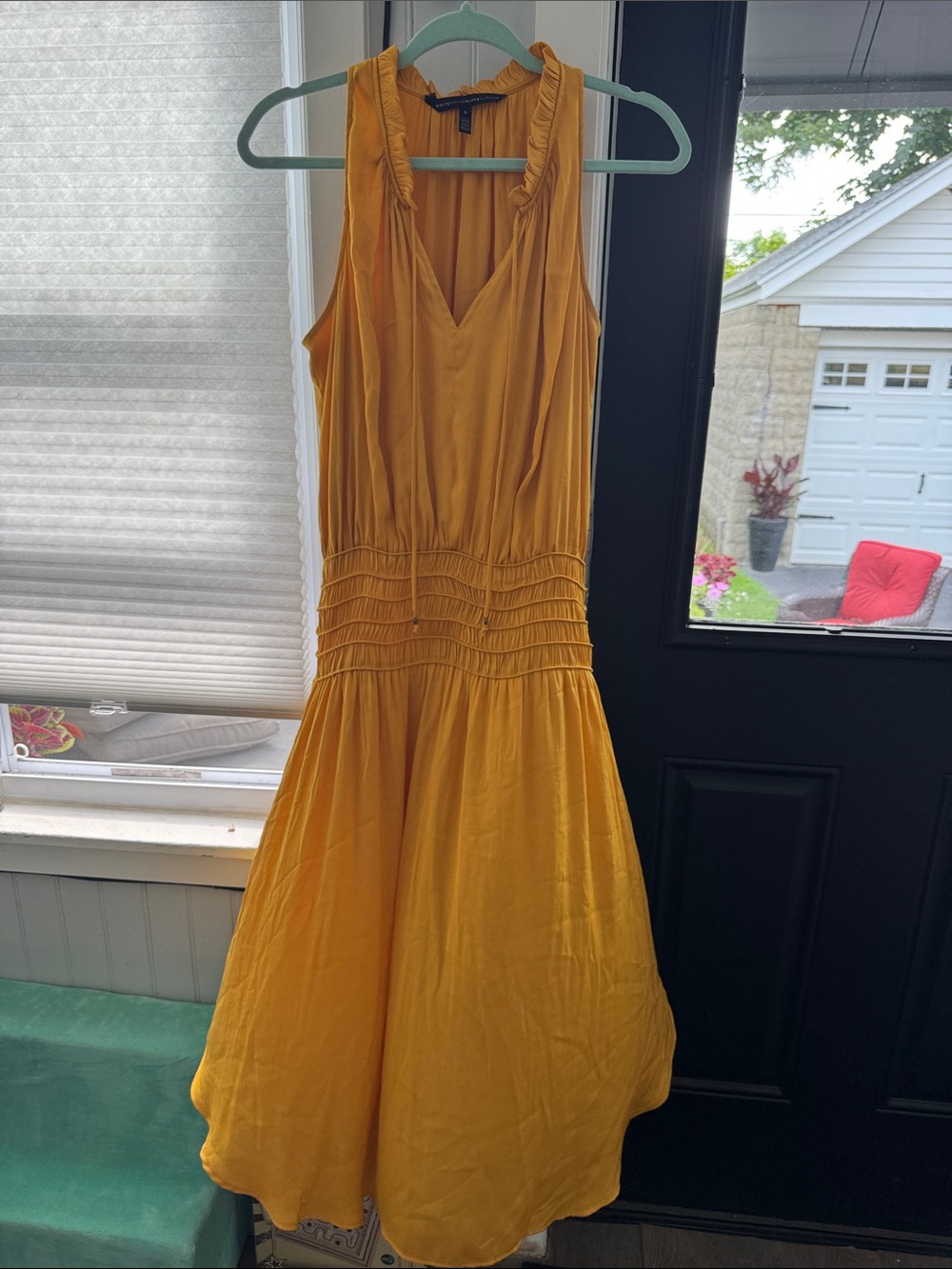 White House Black Market Mustard Yellow Ruffled V-Neck Midi Dress